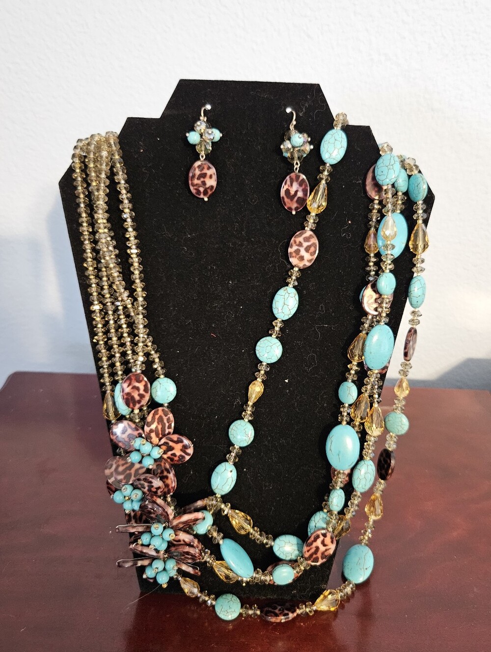 Chicos Turquoise and Leopard Multi-Strand Statement Necklace Set